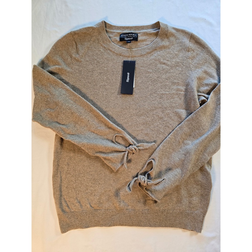 Banana Republic Bow Cuff Crew Neck Sweater Merino Cashmere Blend Tan Brown L NWT